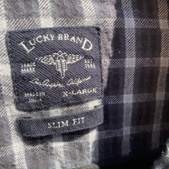 Men's Lucky Brand Black Plaid Flannel XL Button Pockets Logo Classic Slim Fit - Picture 7 of 11